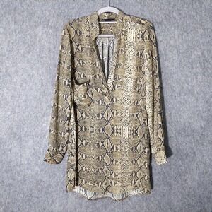 Olivaceous Tunic Small Lightweight Snake Skin Long Sleeve Pockets Slits V Neck